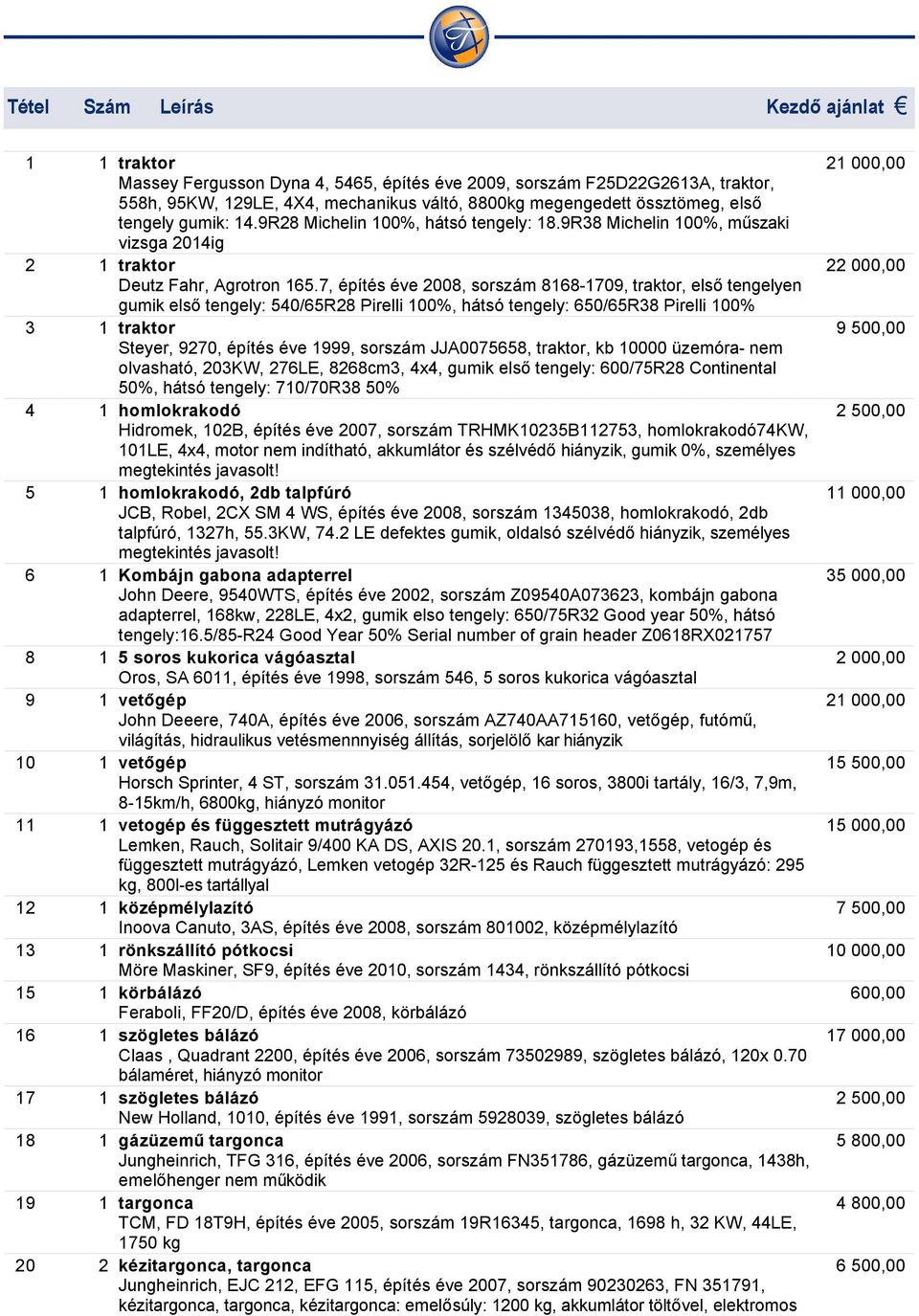 7, építés éve 2008, sorszám 8168-1709, traktor, első tengelyen gumik első tengely: 540/65R28 Pirelli 100%, hátsó tengely: 650/65R38 Pirelli 100% 3 1 traktor Steyer, 9270, építés éve 1999, sorszám