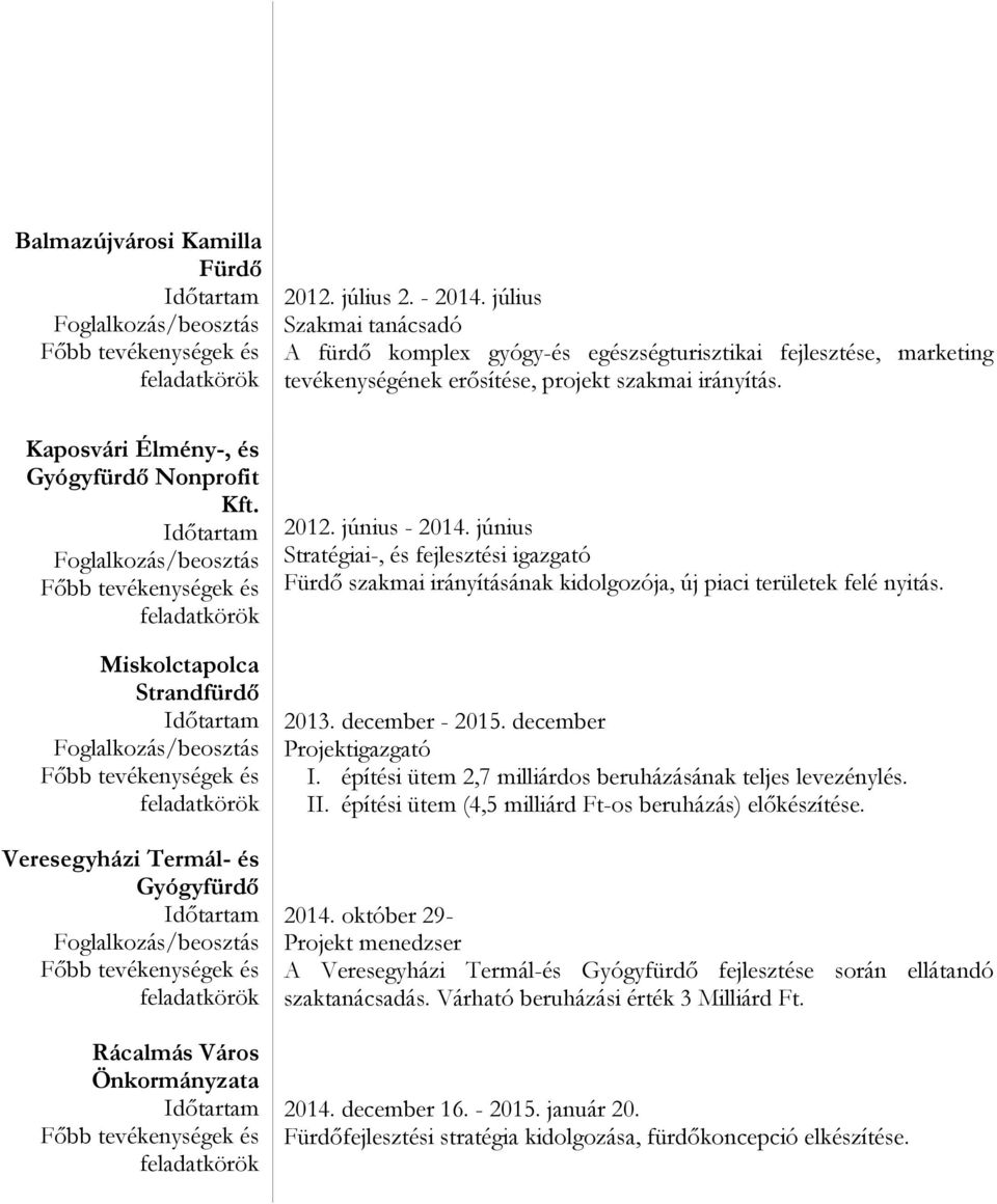 június Stratégiai-, és fejlesztési igazgató Fürdő szakmai irányításának kidolgozója, új piaci területek felé nyitás. 2013. december - 2015. december Projektigazgató I.