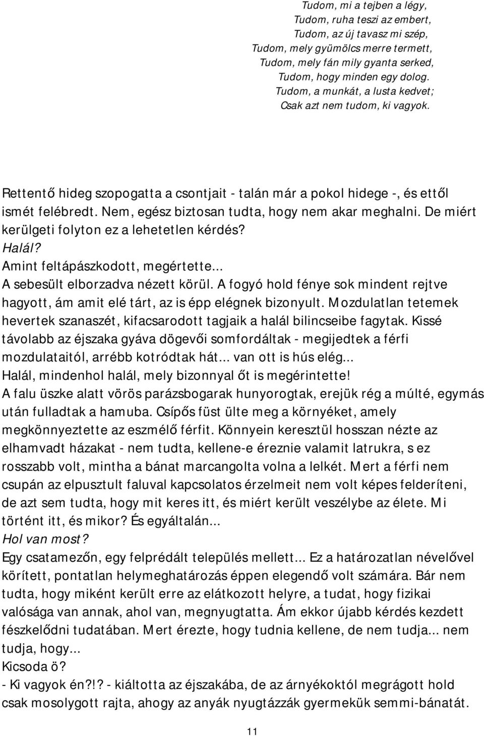 Nem, egész biztosan tudta, hogy nem akar meghalni. De miért kerülgeti folyton ez a lehetetlen kérdés? Halál? Amint feltápászkodott, megértette... A sebesült elborzadva nézett körül.