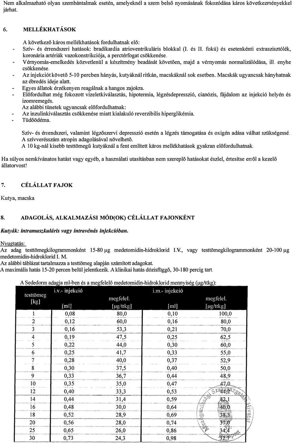 közvetlen ül a készítmény beadását követően, majd a vérnyomás normalizálódása, ill enyhe csökkenése Az injekciót követő 5-10 percben hányás, kutyáknál ritkán, macskáknál sok esetben Macskák ugyancsak