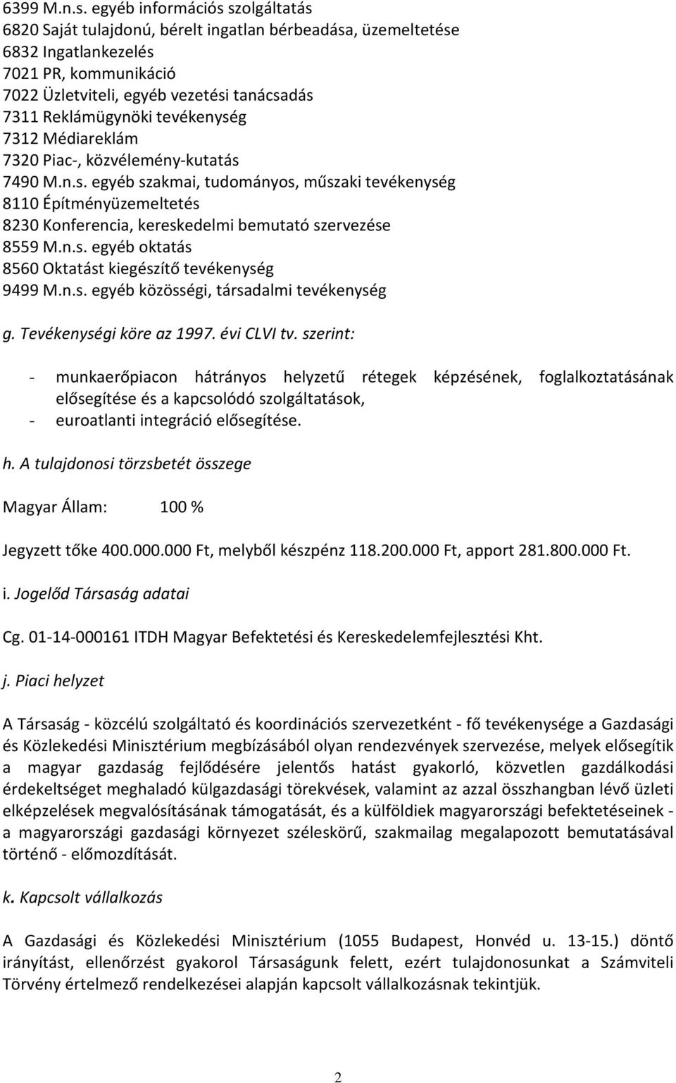 tevékenység 7312 Médiareklám 7320 Piac-, közvélemény-kutatás 7490 M.n.s. egyéb szakmai, tudományos, műszaki tevékenység 8110 Építményüzemeltetés 8230 Konferencia, kereskedelmi bemutató szervezése 8559 M.