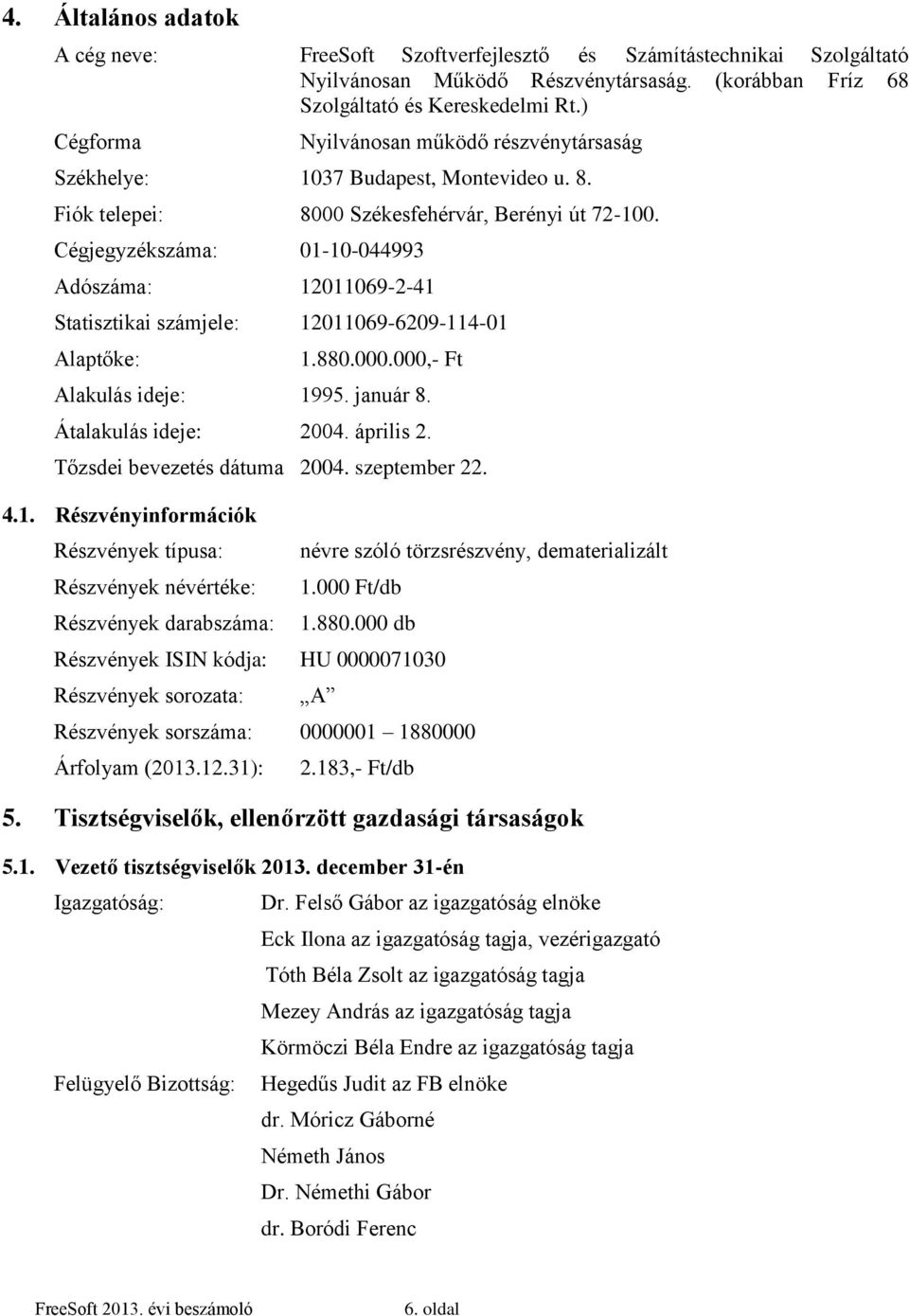 Cégjegyzékszáma: 01-10-044993 Adószáma: 12011069-2-41 Statisztikai számjele: 12011069-6209-114-01 Alaptőke: 1.880.000.000,- Ft Alakulás ideje: 1995. január 8. Átalakulás ideje: 2004. április 2.