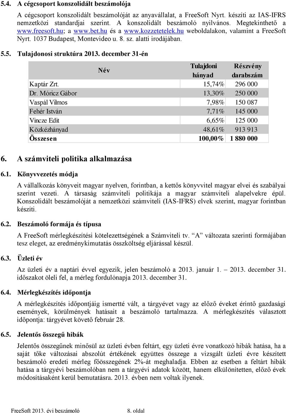 alatti irodájában. 5.5. Tulajdonosi struktúra 2013. december 31-én 6. A számviteli politika alkalmazása 6.1. Könyvvezetés módja A vállalkozás könyveit magyar nyelven, forintban, a kettős könyvvitel magyar elvei és szabályai szerint vezeti.