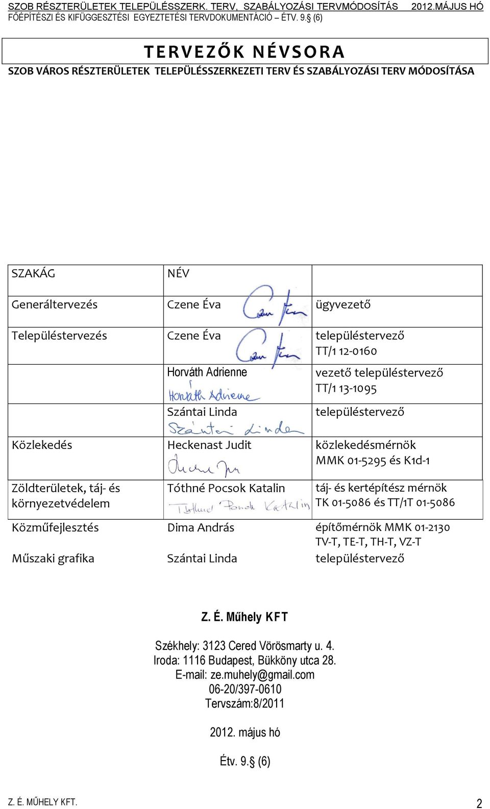 környezetvédelem Tóthné Pocsok Katalin táj- és kertépítész mérnök TK 01-5086 és TT/1T 01-5086 Közműfejlesztés Dima András építőmérnök MMK 01-2130 TV-T, TE-T, TH-T, VZ-T Műszaki grafika Szántai Linda