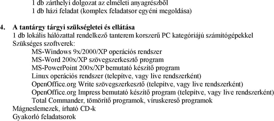 készítő program Linux operációs rendszer (telepítve, vagy live rendszerként) OpenOffice.org Write szövegszerkesztő (telepítve, vagy live rendszerként) OpenOffice.