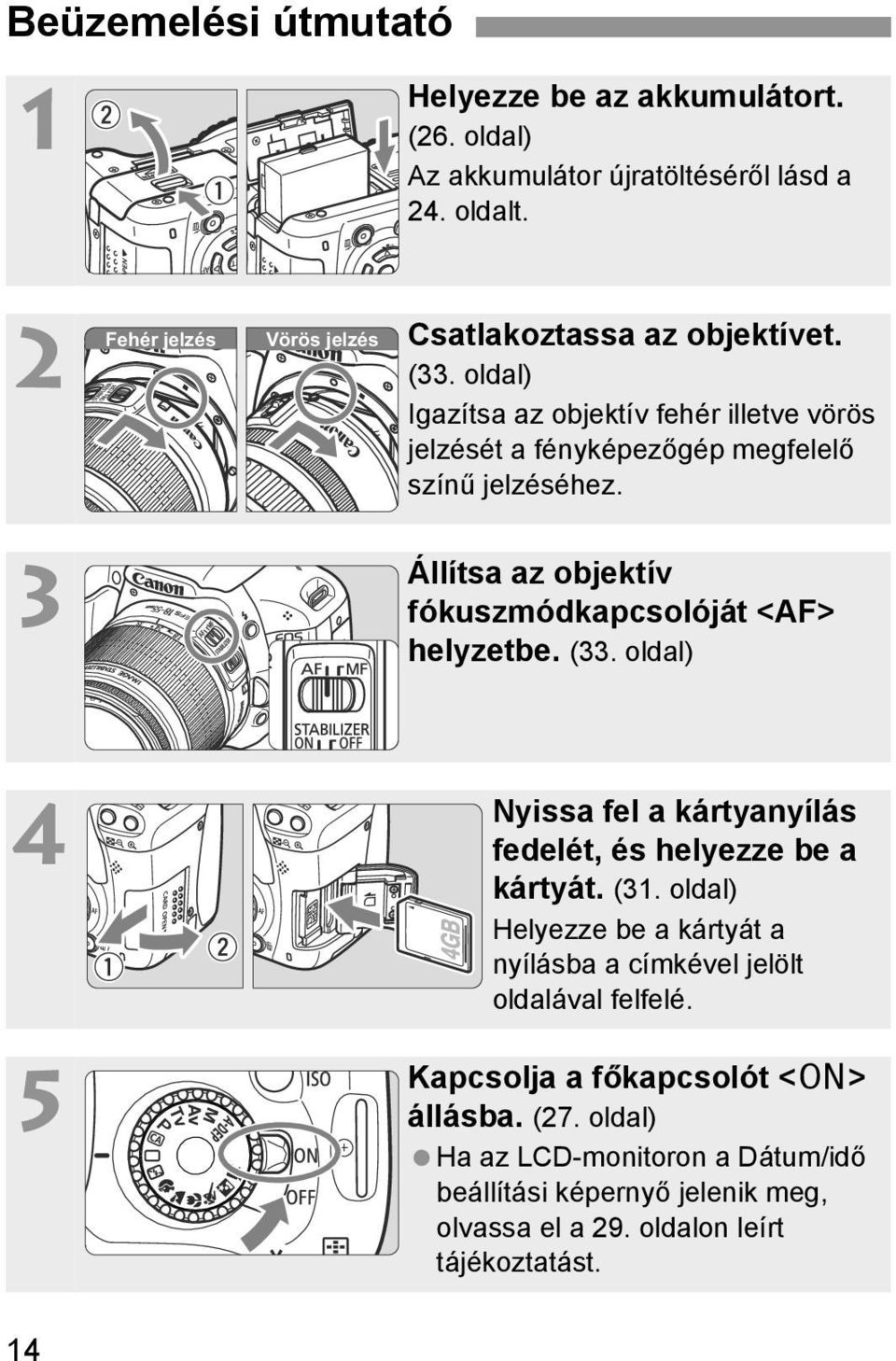 3 Állítsa az objetív fóuszmódapcsolóját <AF> helyzetbe. (33. oldal) 4 Nyissa fel a ártyanyílás fedelét, és helyezze be a ártyát. (31.