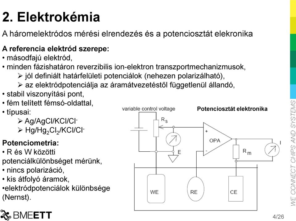 áramátvezetéstől függetlenül állandó, stabil viszonyítási pont, fém telített fémsó-oldattal, típusai: Ag/AgCl/KCl/Cl - Hg/Hg 2 Cl 2 /KCl/Cl -