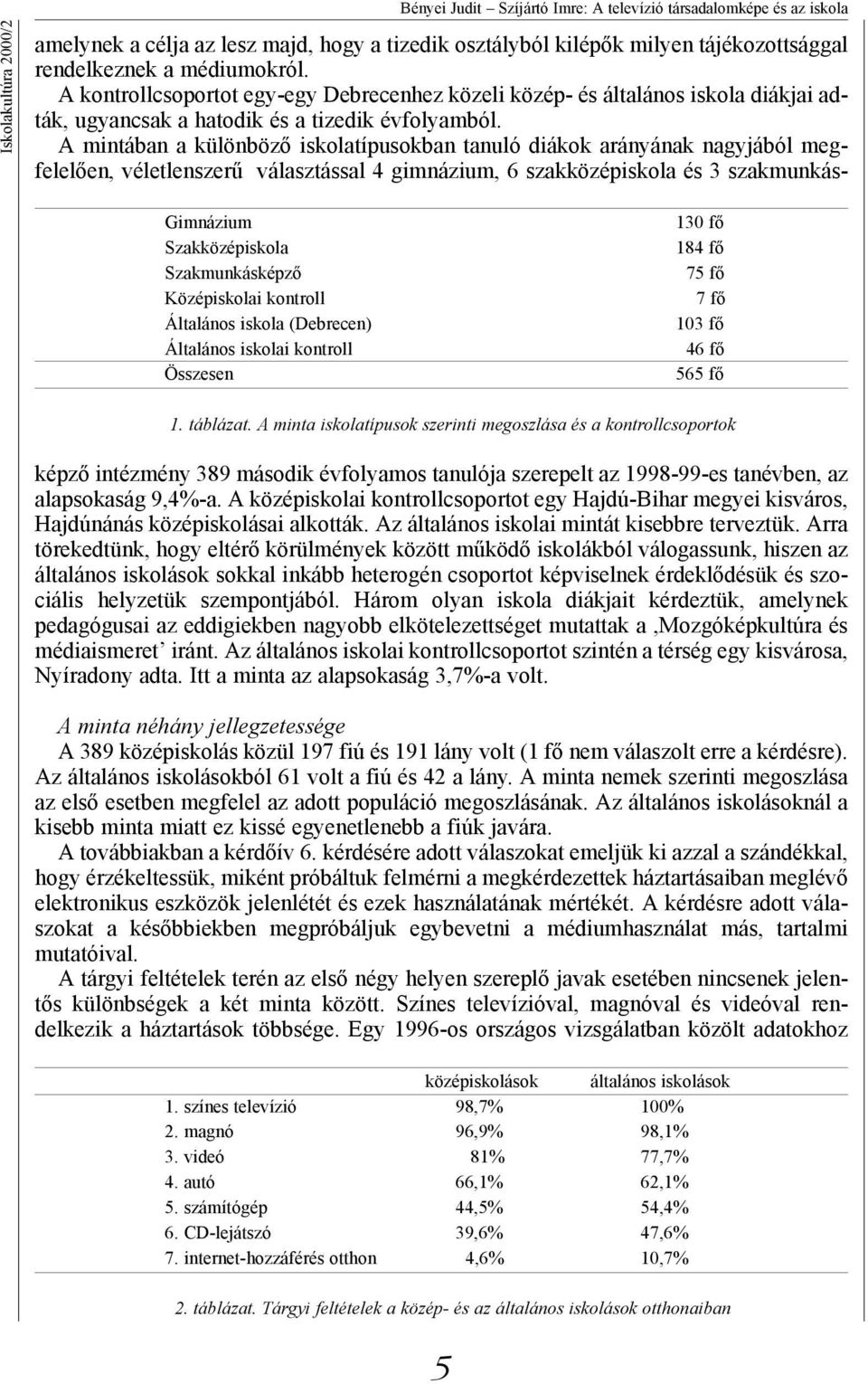 A minta iskolatípusok szerinti megoszlása és a kontrollcsoportok amelynek a célja az lesz majd, hogy a tizedik osztályból kilépők milyen tájékozottsággal rendelkeznek a médiumokról.