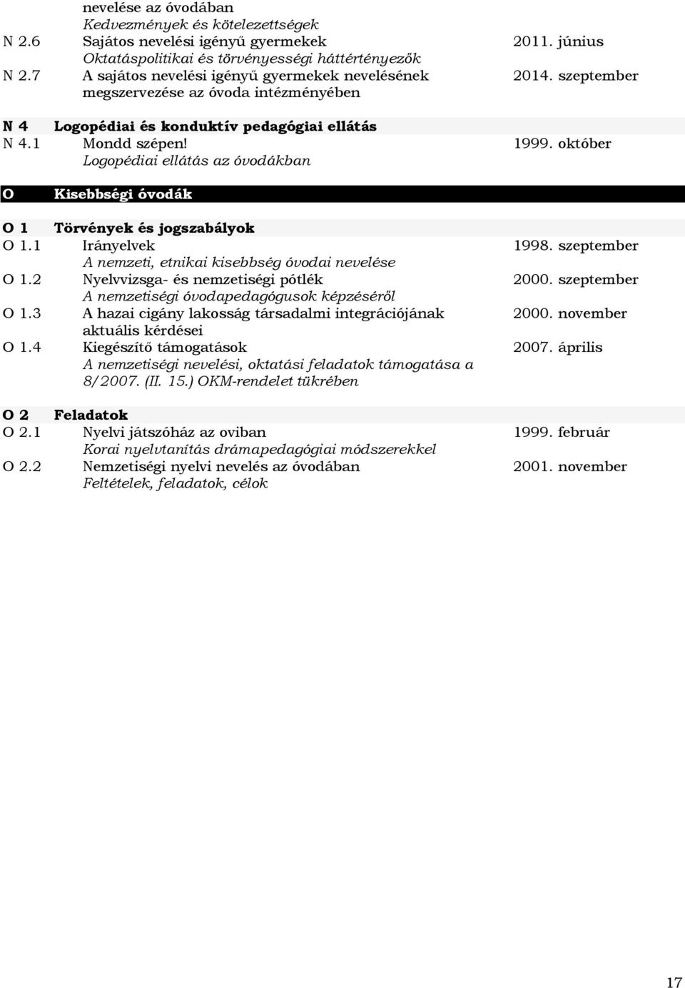 az óvoda intézményében 2011. június 2014. szeptember N 4 Logopédiai és konduktív pedagógiai ellátás N 4.1 Mondd szépen! Logopédiai ellátás az óvodákban 1999.