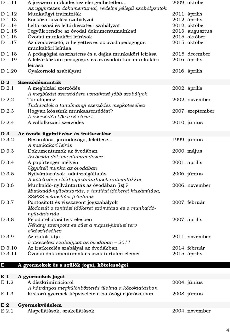 17 Az óvodavezető, a helyettes és az óvodapedagógus munkaköri leírása D 1.18 A pedagógiai asszisztens és a dajka munkaköri leírása D 1.