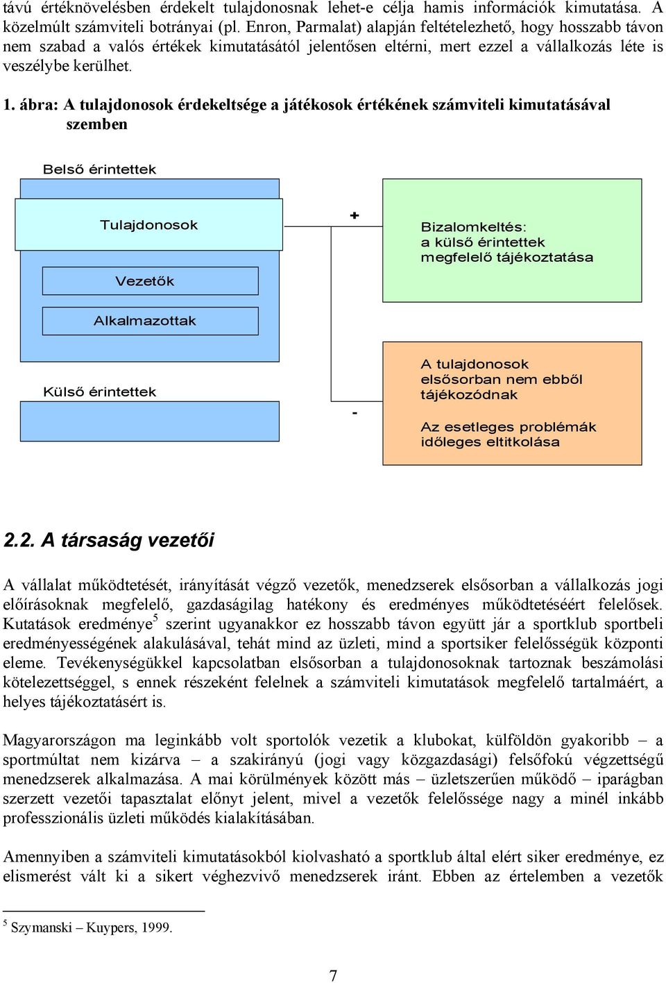 ábra: A tulajdonosok érdekeltsége a játékosok értékének számviteli kimutatásával szemben Belső érintettek Tulajdonosok Vezetők + Bizalomkeltés: a külső érintettek megfelelő tájékoztatása