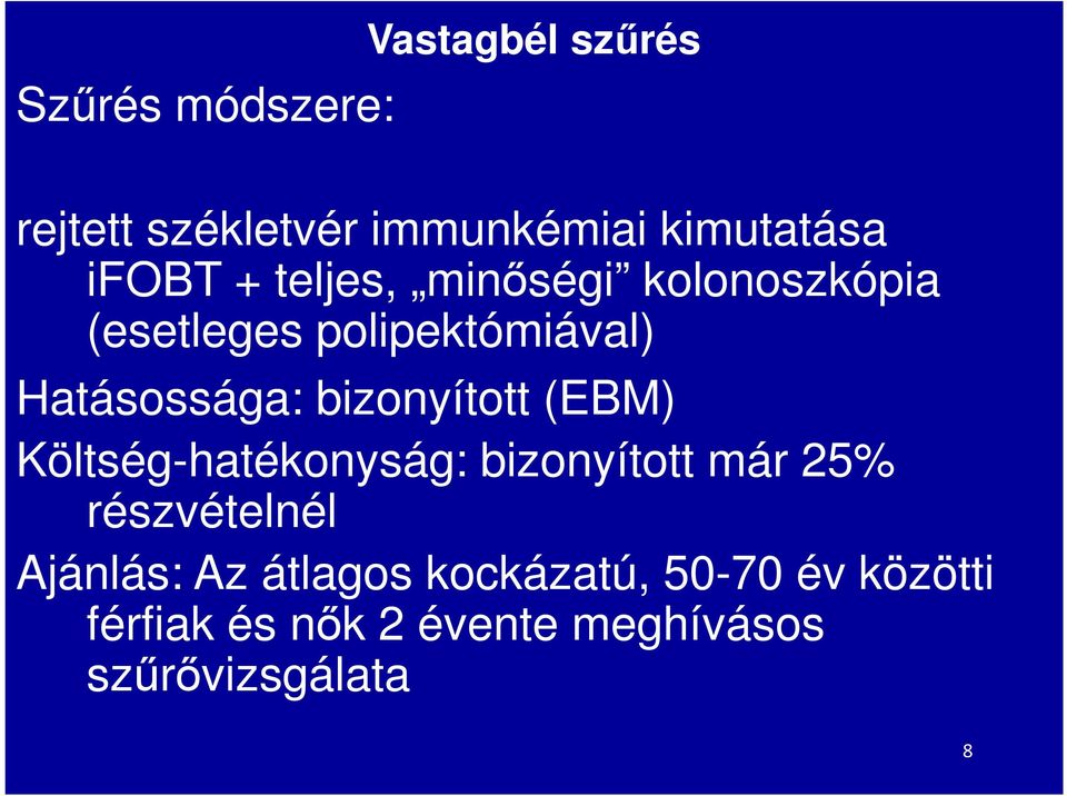 bizonyított (EBM) Költség-hatékonyság: bizonyított már 25% részvételnél Ajánlás: