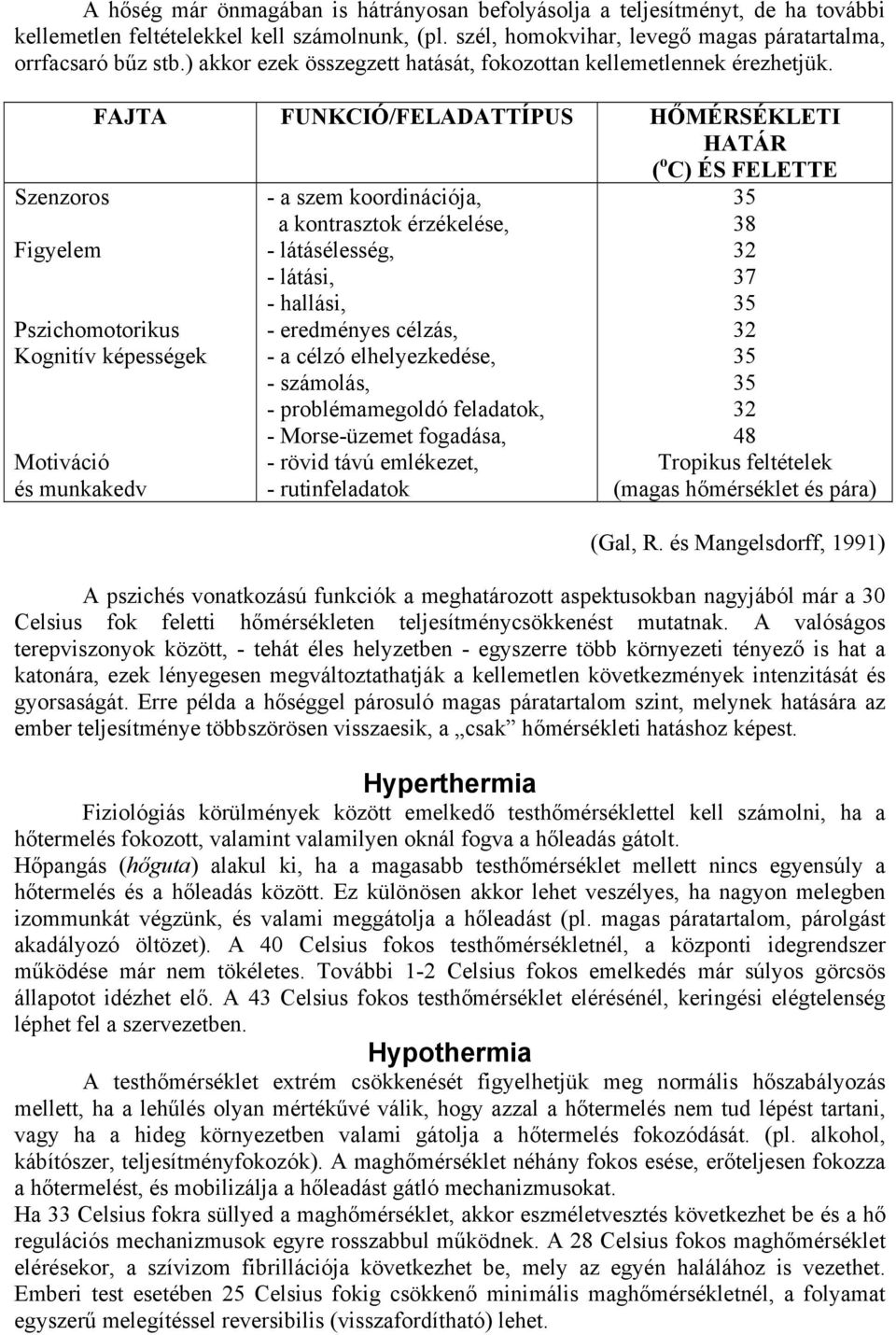 Szenzoros Figyelem FAJTA FUNKCIÓ/FELADATTÍPUS HŐMÉRSÉKLETI HATÁR ( o C) ÉS FELETTE Pszichomotorikus Kognitív képességek Motiváció és munkakedv - a szem koordinációja, a kontrasztok érzékelése, -