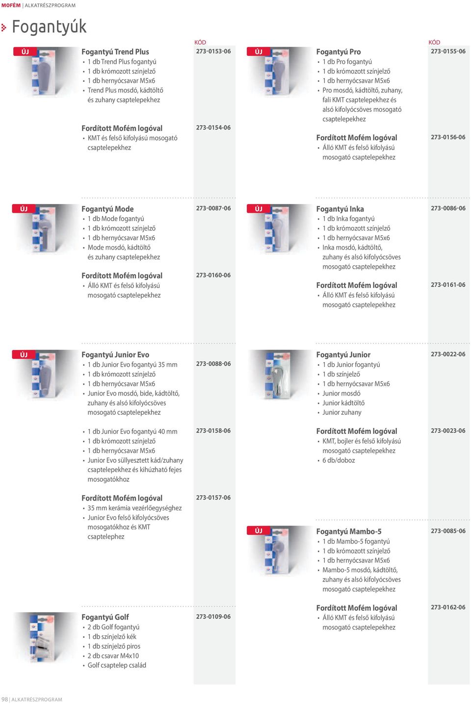 csaptelepekhez és alsó kifolyócsöves mosogató csaptelepekhez Fordított Mofém logóval Álló KMT és felső kifolyású mosogató csaptelepekhez 273-0155-06 273-0156-06 Fogantyú Mode 1 db Mode fogantyú 1 db