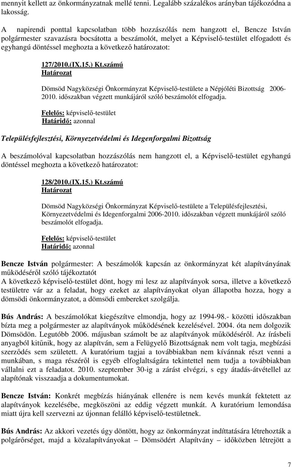 a következı határozatot: 127/2010.(IX.15.) Kt.számú Dömsöd Nagyközségi Önkormányzat Képviselı-testülete a Népjóléti Bizottság 2006-2010. idıszakban végzett munkájáról szóló beszámolót elfogadja.