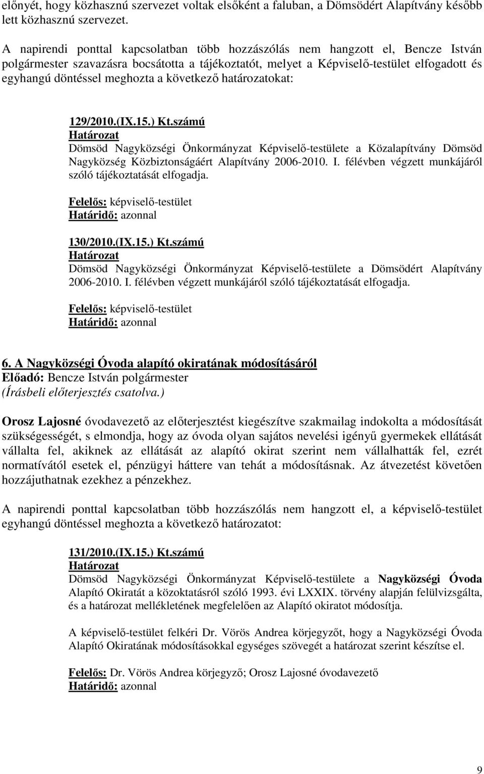 meghozta a következı határozatokat: 129/2010.(IX.15.) Kt.számú Dömsöd Nagyközségi Önkormányzat Képviselı-testülete a Közalapítvány Dömsöd Nagyközség Közbiztonságáért Alapítvány 2006-2010. I.