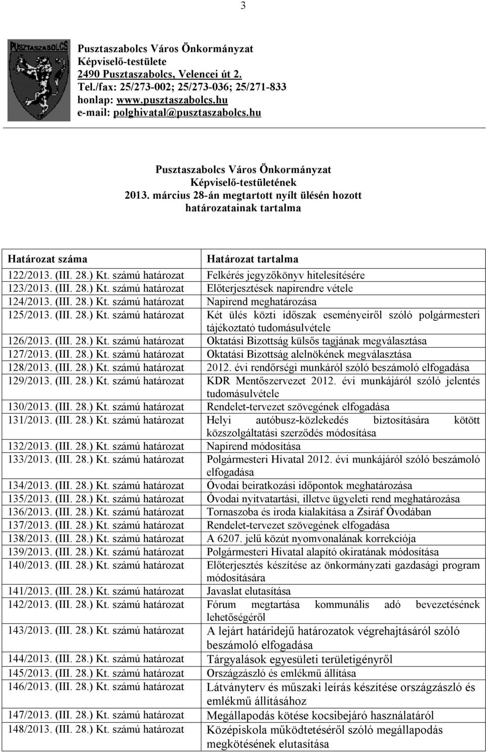 március 28-án megtartott nyílt ülésén hozott határozatainak tartalma Határozat száma Határozat tartalma 122/2013. (III. 28.) Kt. számú határozat Felkérés jegyzőkönyv hitelesítésére 123/2013. (III. 28.) Kt. számú határozat Előterjesztések napirendre vétele 124/2013.