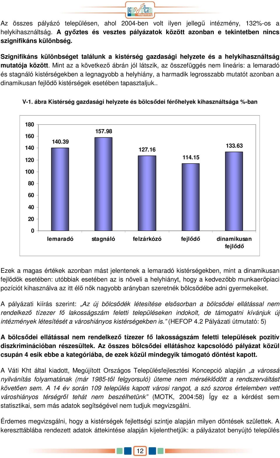 Mint az a következı ábrán jól látszik, az összefüggés nem lineáris: a lemaradó és stagnáló kistérségekben a legnagyobb a helyhiány, a harmadik legrosszabb mutatót azonban a dinamikusan fejlıdı