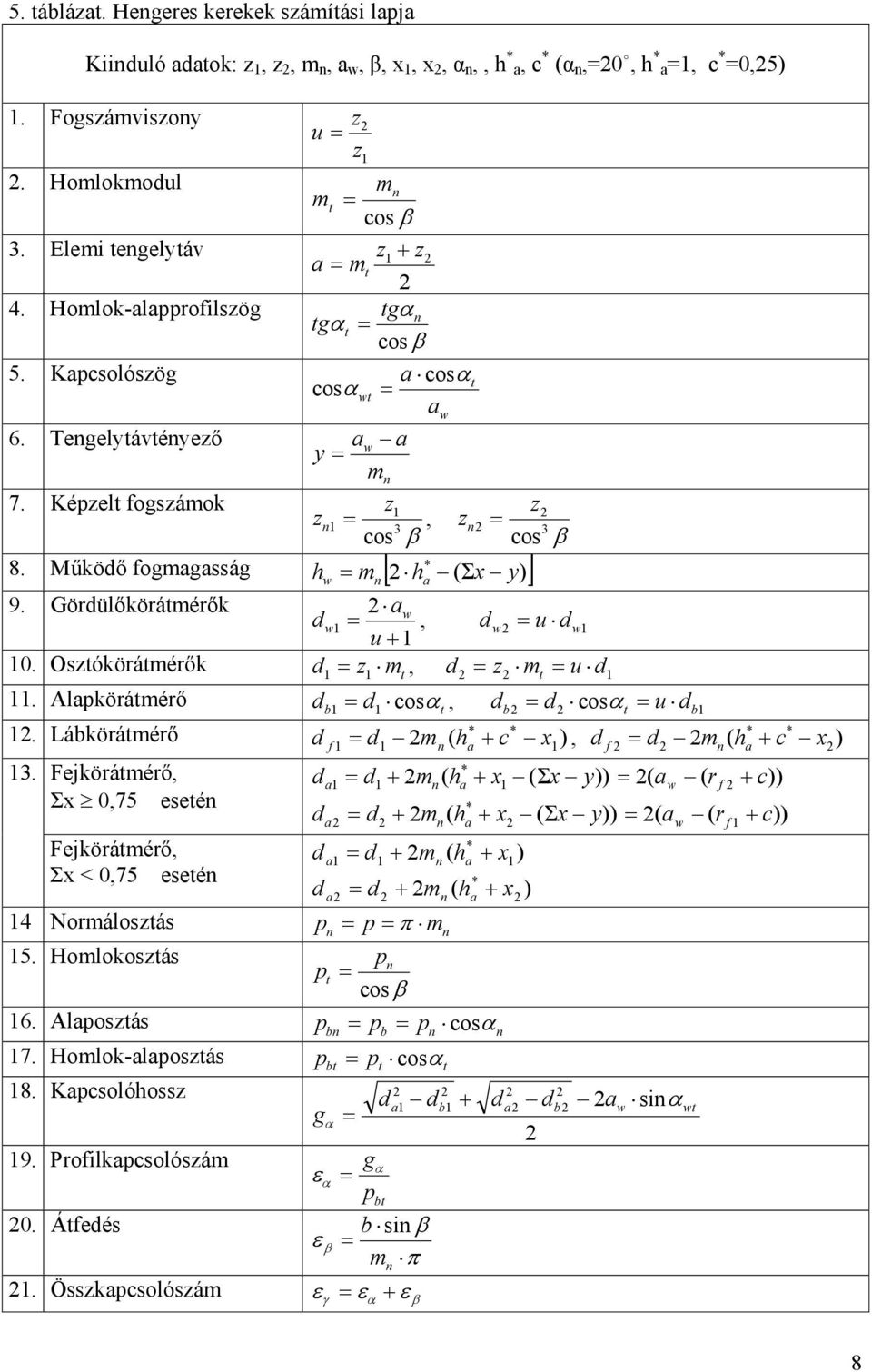 Működő fogmagasság * h m [ h ( Σx y) ] w n a 9. Gördülőkörátmérők aw dw, dw u dw u + 0. Osztókörátmérők d z mt, d z mt u d. Alapkörátmérő db d cosαt, db d cosα t u db.