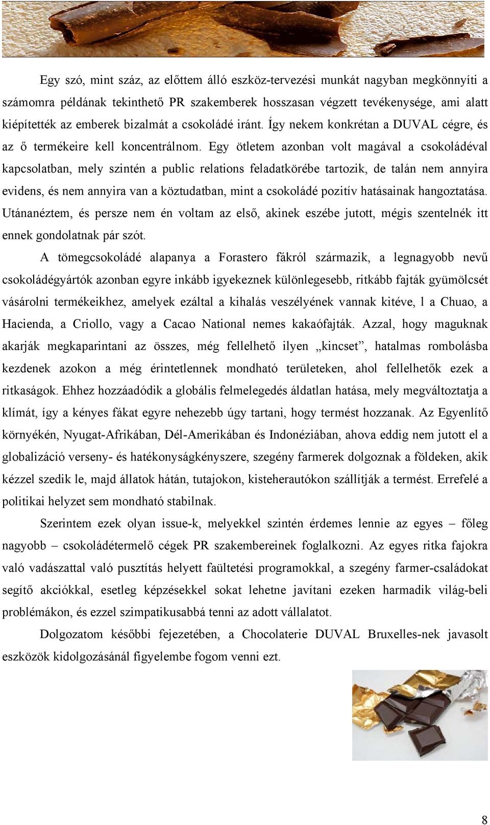 Egy ötletem azonban volt magával a csokoládéval kapcsolatban, mely szintén a public relations feladatkörébe tartozik, de talán nem annyira evidens, és nem annyira van a köztudatban, mint a csokoládé