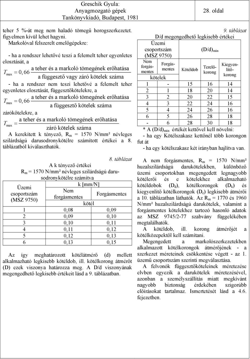 - ha a rendszer nem teszi lehetővé a felemelt teher egyenletes elosztását, függesztőkötelekre, a a teher és a markoló tömegének erőhatása T max = 0,66 a függesztő kötelek száma zárókőtelekre, a a