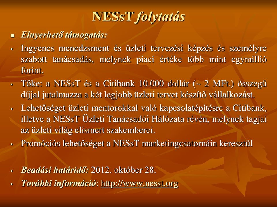 Lehetőséget üzleti mentorokkal való kapcsolatépítésre a Citibank, illetve a NESsT Üzleti Tanácsadói Hálózata révén, melynek tagjai az üzleti világ