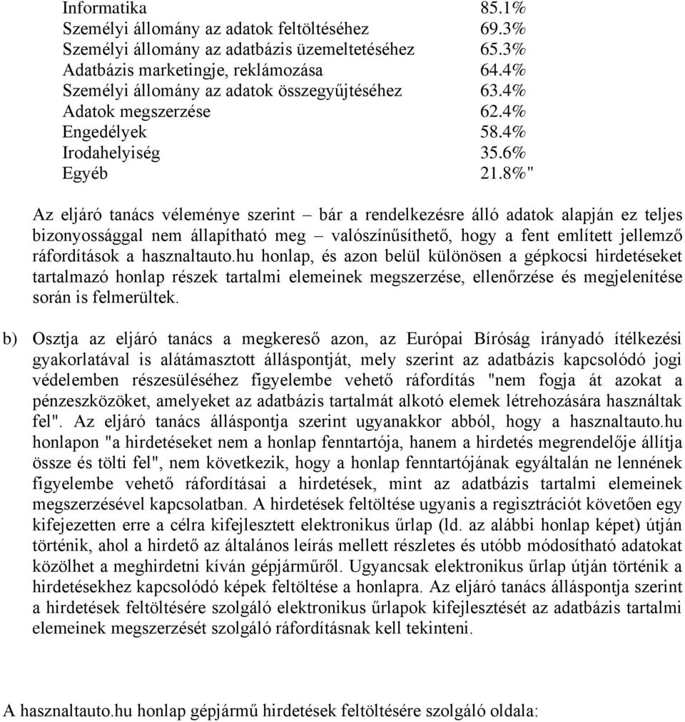 8%" Az eljáró tanács véleménye szerint bár a rendelkezésre álló adatok alapján ez teljes bizonyossággal nem állapítható meg valószínűsíthető, hogy a fent említett jellemző ráfordítások a hasznaltauto.