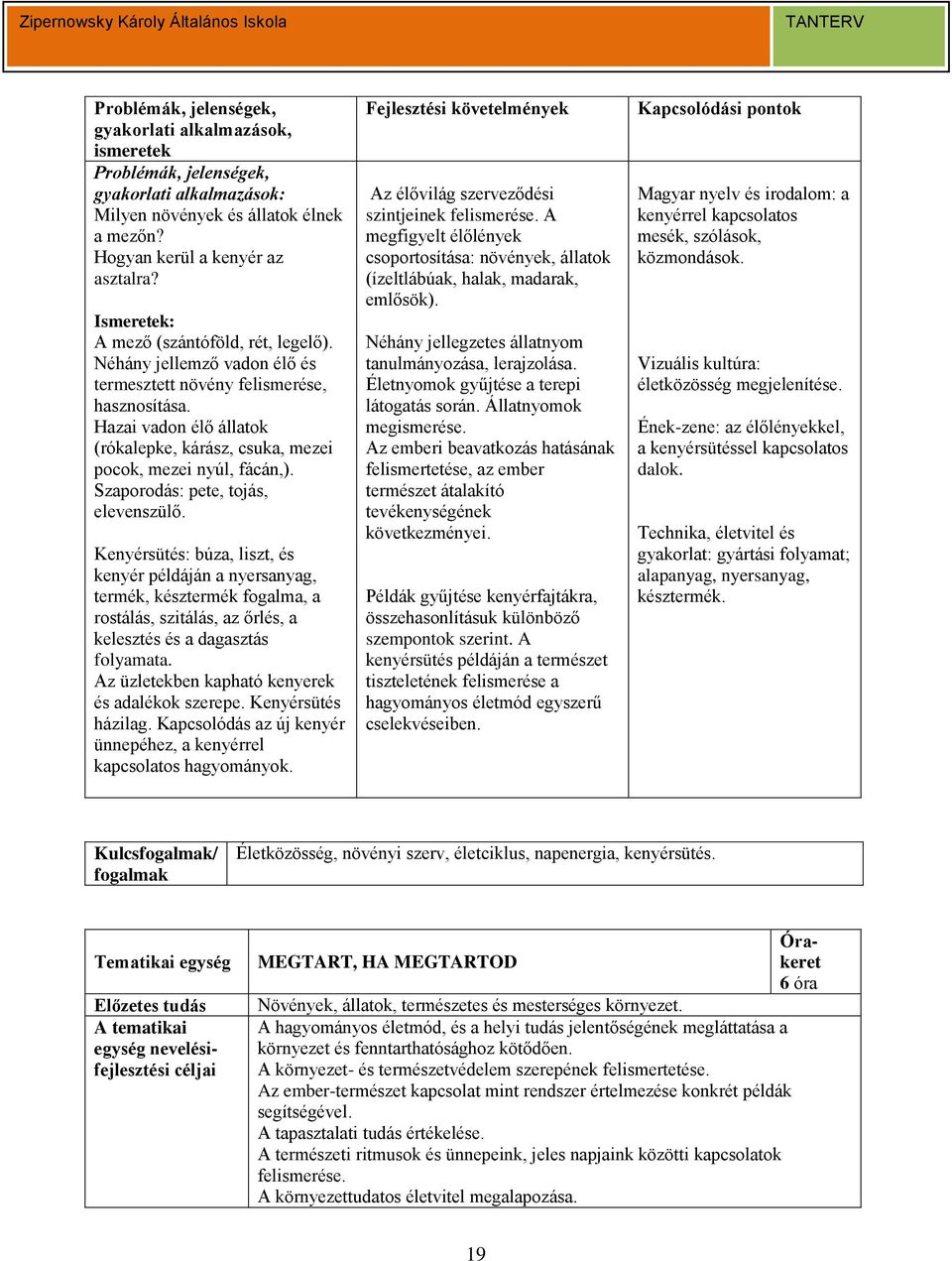 Kenyérsütés: búza, liszt, és kenyér példáján a nyersanyag, termék, késztermék fogalma, a rostálás, szitálás, az őrlés, a kelesztés és a dagasztás folyamata.