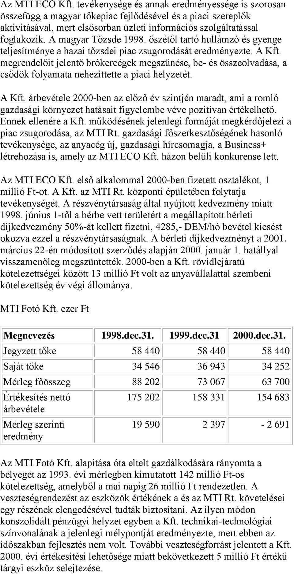 A magyar Tőzsde 1998. őszétől tartó hullámzó és gyenge teljesítménye a hazai tőzsdei piac zsugorodását eredményezte. A Kft.