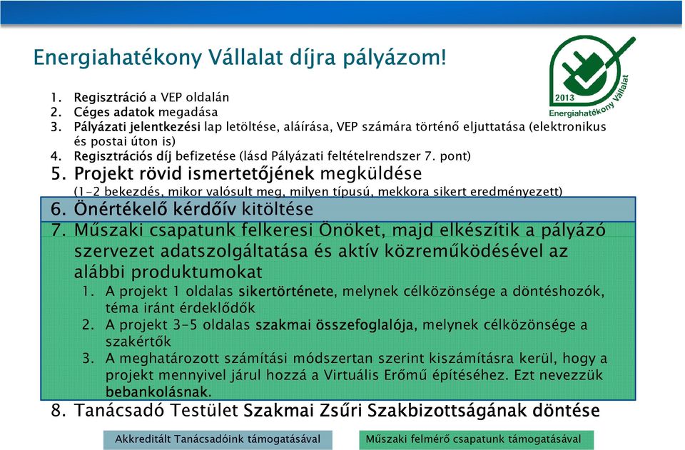 Projekt rövid ismertetőjének megküldése (1-2 bekezdés, mikor valósult meg, milyen típusú, mekkora sikert eredményezett) 6. Önértékelő kérdőív kitöltése 7.