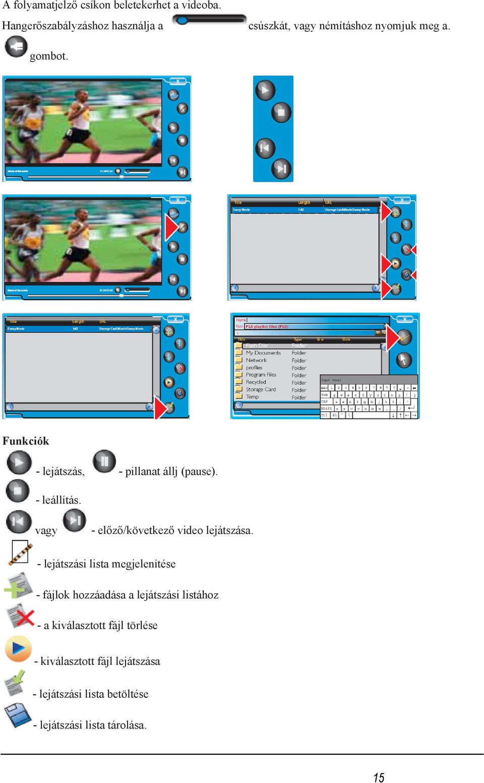 Funkciók - lejátszás, - pillanat állj (pause). - leállítás. vagy - előző/következő video lejátszása.