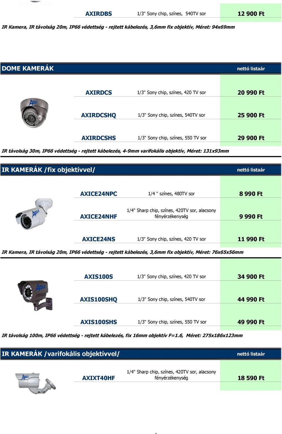 objektív, Méret: 131x93mm IR KAMERÁK /fix objektívvel/ AXICE24NPC 1/4 " színes, 480TV sor 8 990 Ft AXICE24NHF 9 990 Ft AXICE24NS 1/3" Sony chip, színes, 420 TV sor 11 990 Ft IR Kamera, IR távolság