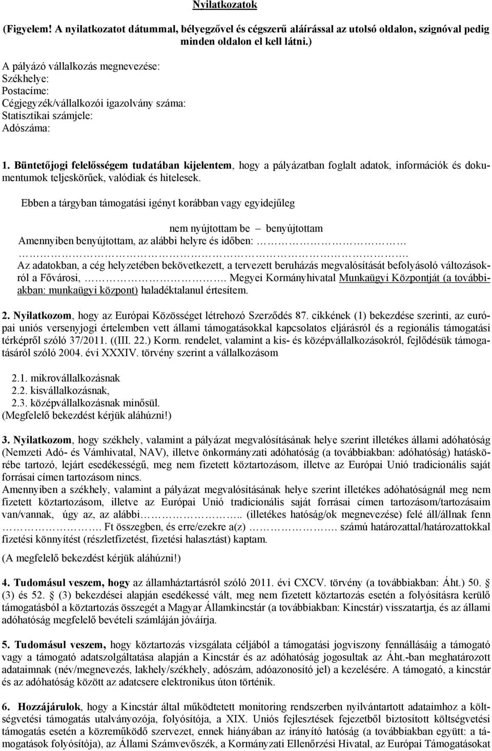 Büntetőjogi felelősségem tudatában kijelentem, hogy a pályázatban foglalt adatok, információk és dokumentumok teljeskörűek, valódiak és hitelesek.