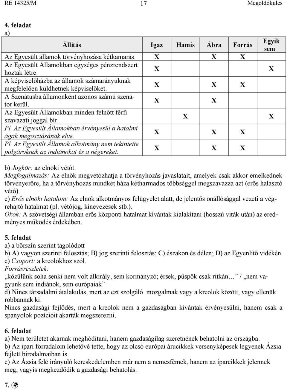 X X Az Egyesült Államokban minden felnőtt férfi szavazati joggal bír. X Pl. Az Egyesült Államokban érvényesül a hatalmi ágak megosztásának elve. X X X Pl.