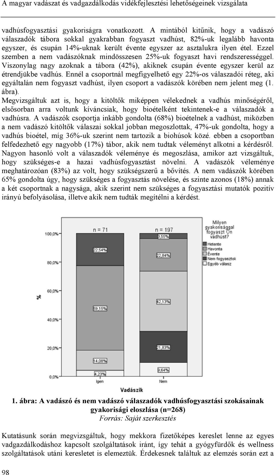 Ezzel szemben a nem vadászóknak mindösszesen 25%-uk fogyaszt havi rendszerességgel. Viszonylag nagy azoknak a tábora (42%), akiknek csupán évente egyszer kerül az étrendjükbe vadhús.