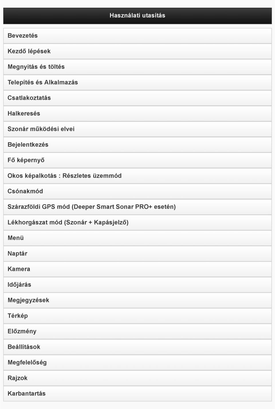 Részletes üzemmód Csónakmód Szárazföldi GPS mód (Deeper Smart Sonar PRO+ esetén) Lékhorgászat mód