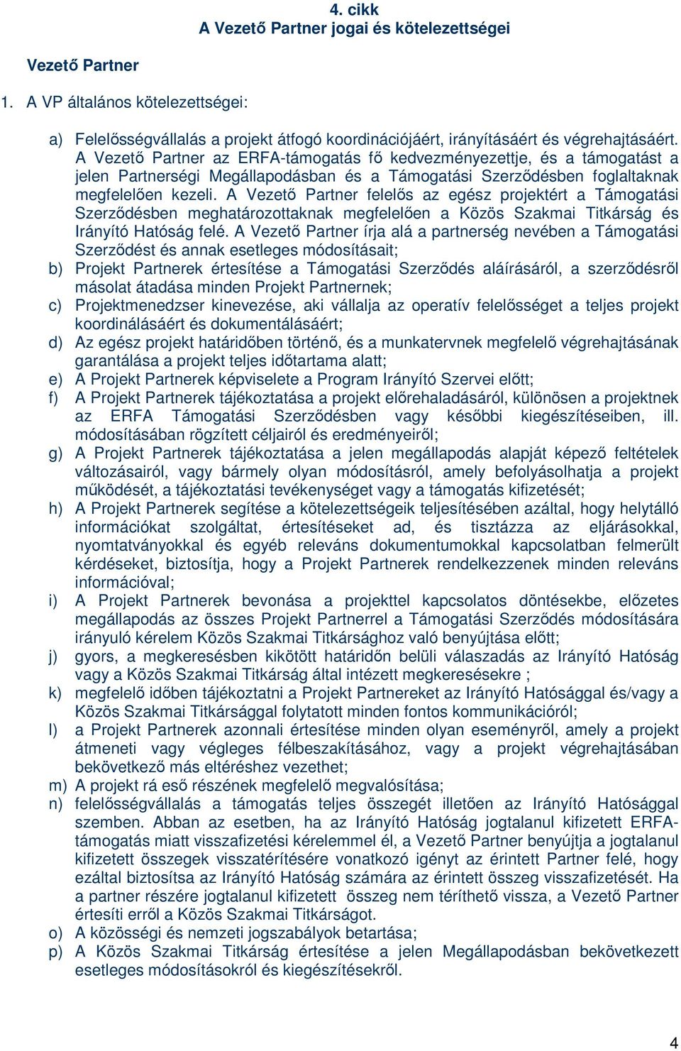 A Vezető Partner felelős az egész projektért a Támogatási Szerződésben meghatározottaknak megfelelően a Közös Szakmai Titkárság és Irányító Hatóság felé.