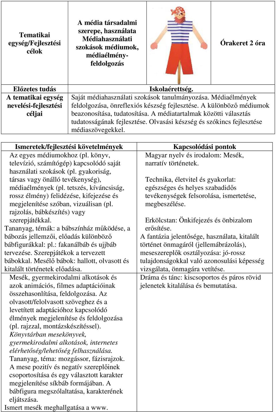 A médiatartalmak közötti választás tudatosságának fejlesztése. Olvasási készség és szókincs fejlesztése médiaszövegekkel. Az egyes médiumokhoz (pl.