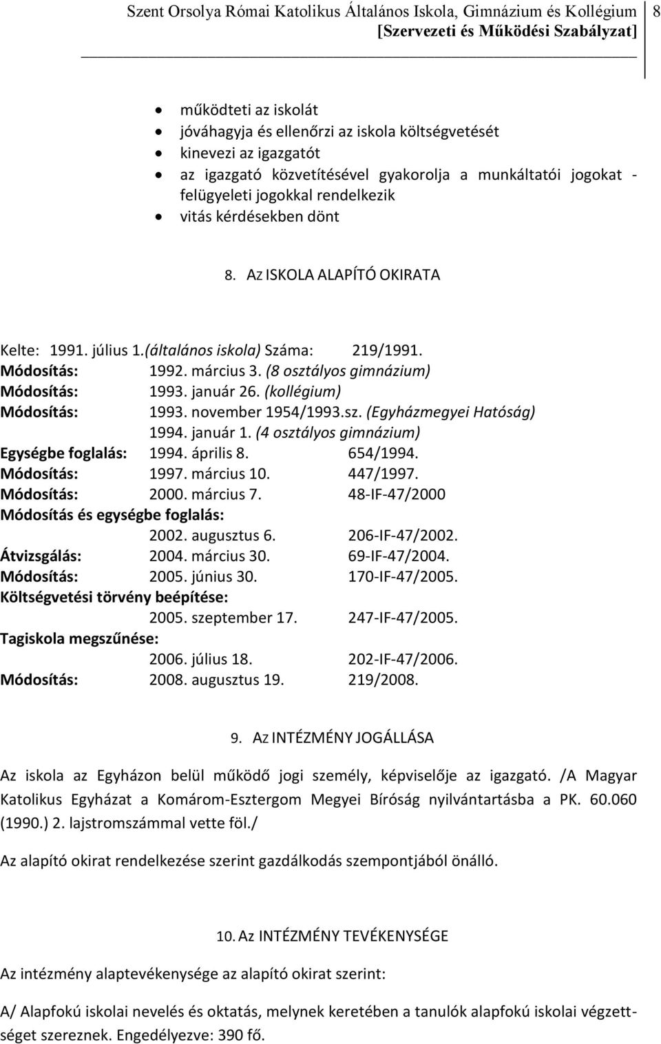 (kollégium) Módosítás: 1993. november 1954/1993.sz. (Egyházmegyei Hatóság) 1994. január 1. (4 osztályos gimnázium) Egységbe foglalás: 1994. április 8. 654/1994. Módosítás: 1997. március 10. 447/1997.