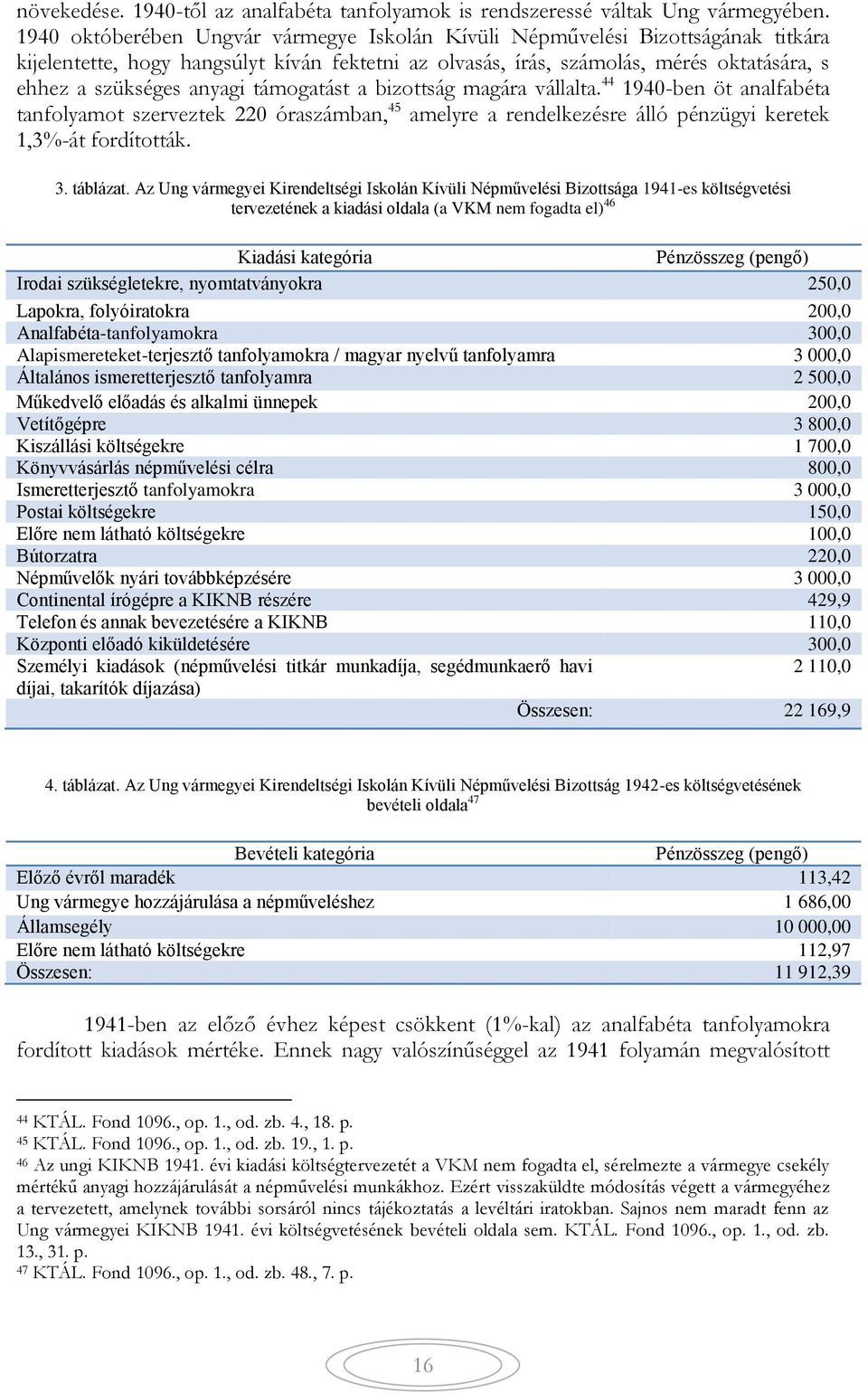 támogatást a bizottság magára vállalta. 44 1940-ben öt analfabéta tanfolyamot szerveztek 220 óraszámban, 45 amelyre a rendelkezésre álló pénzügyi keretek 1,3%-át fordították. 3. táblázat.