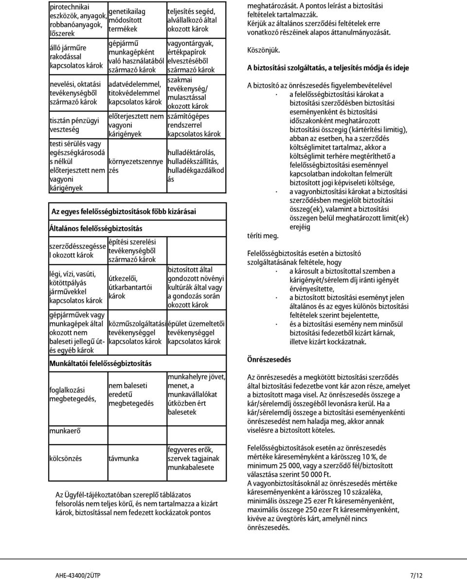 kárigények környezetszennye zés teljesítés segéd, alvállalkozó által okozott károk vagyontárgyak, értékpapírok elvesztéséből származó károk szakmai tevékenység/ mulasztással okozott károk