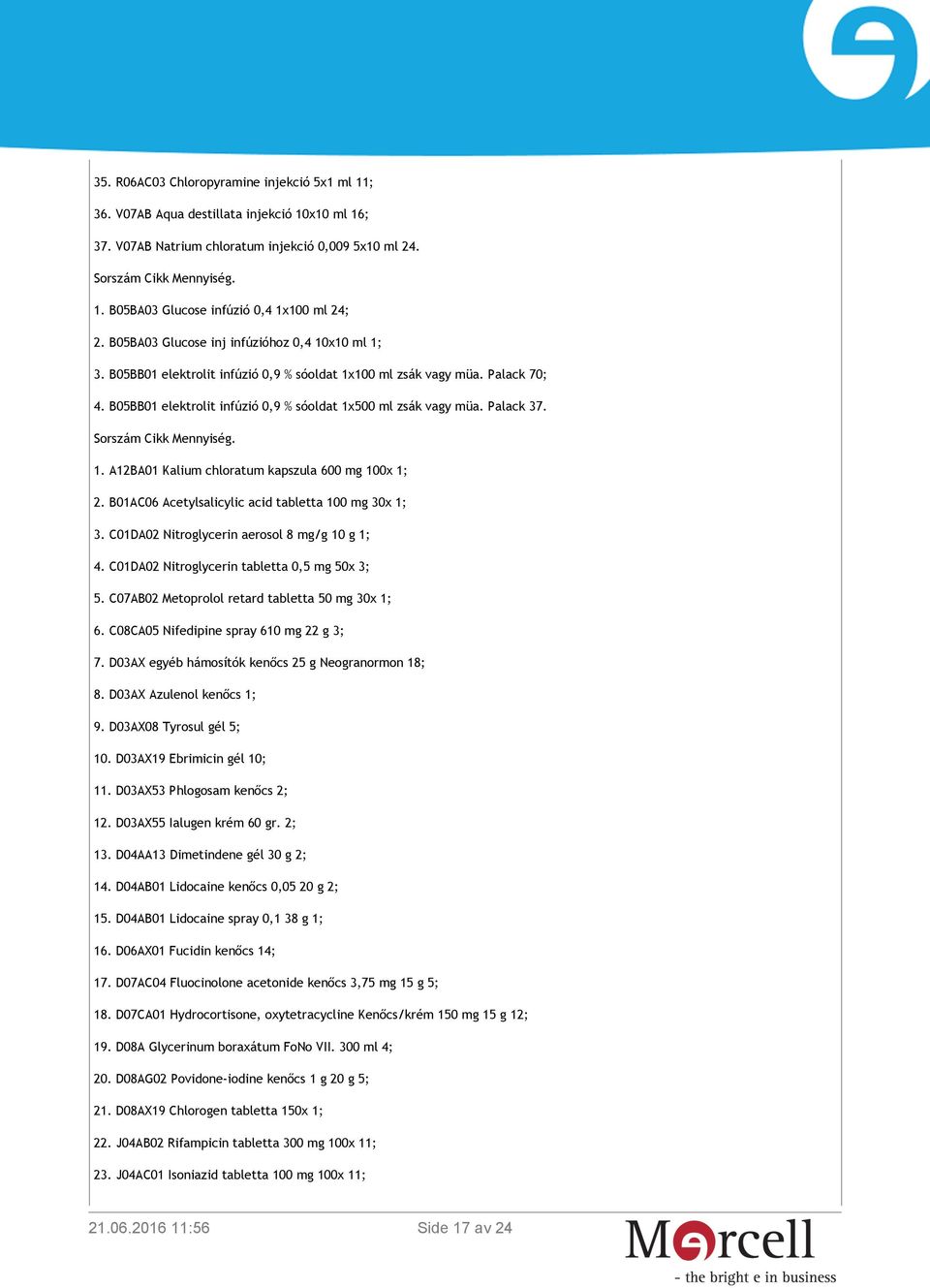 Palack 37. Sorszám Cikk Mennyiség. 1. A12BA01 Kalium chloratum kapszula 600 mg 100x 1; 2. B01AC06 Acetylsalicylic acid tabletta 100 mg 30x 1; 3. C01DA02 Nitroglycerin aerosol 8 mg/g 10 g 1; 4.