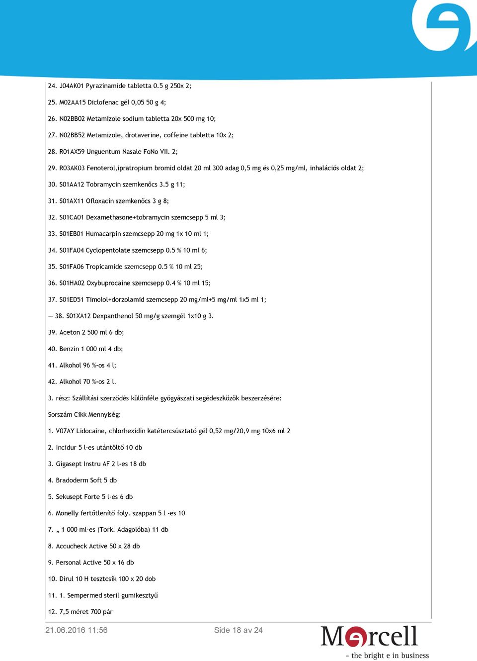 R03AK03 Fenoterol,ipratropium bromid oldat 20 ml 300 adag 0,5 mg és 0,25 mg/ml, inhalációs oldat 2; 30. S01AA12 Tobramycin szemkenőcs 3.5 g 11; 31. S01AX11 Ofloxacin szemkenőcs 3 g 8; 32.