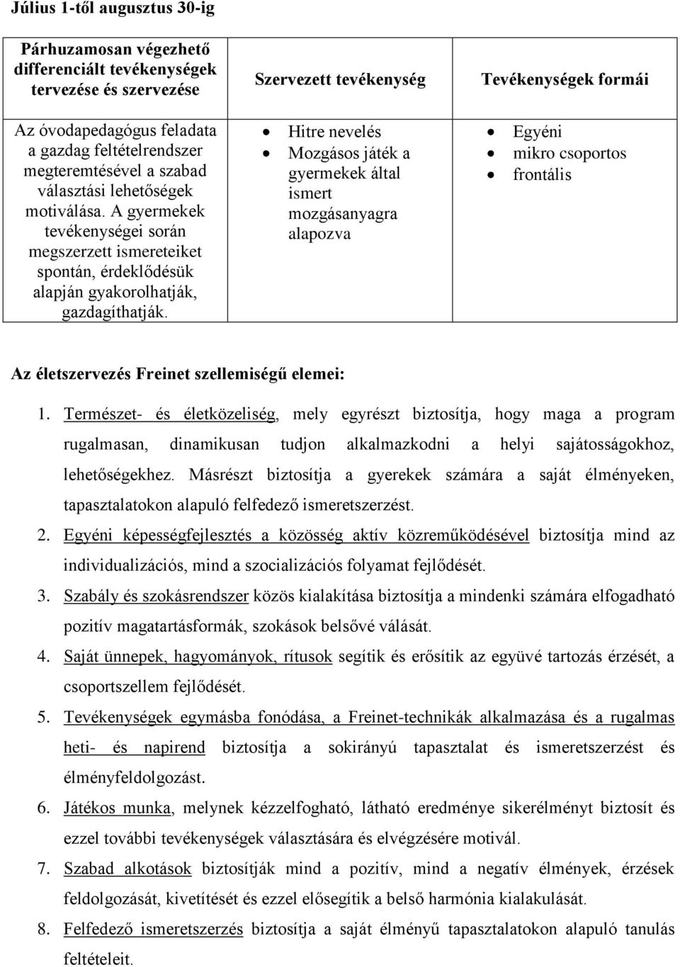 Szervezett tevékenység Hitre nevelés Mozgásos játék a gyermekek által ismert mozgásanyagra alapozva Tevékenységek formái Egyéni mikro csoportos frontális Az életszervezés Freinet szellemiségű elemei: