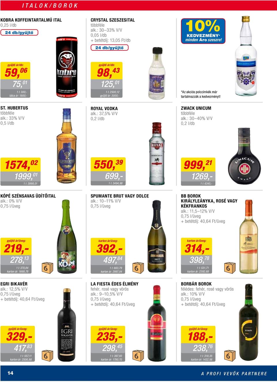 : 37,5% V/V 0,2 l/db Zwack Unicum alk.: 30 40% V/V 0,2 l/db 1574, 02 1999, 01 1 l: 3998,01 Kópé szénsavas üdítőital alk.: 0% V/V 0,75 l/üveg 550, 39 699,- 1 l: 3494,98 Spumante Brut vagy Dolce alk.