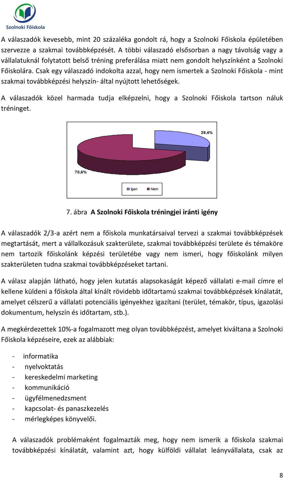 Csak egy válaszadó indokolta azzal, hogy nem ismertek a Szolnoki Főiskola - mint szakmai továbbképzési helyszín- által nyújtott lehetőségek.