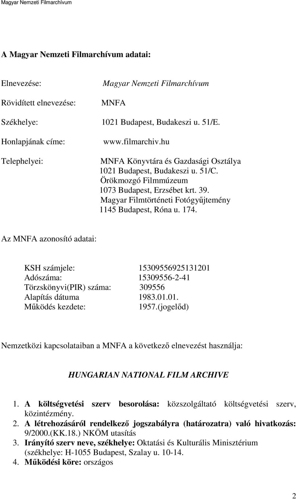 Az MNFA azonosító adatai: KSH számjele: 15309556925131201 Adószáma: 15309556-2-41 Törzskönyvi(PIR) száma: 309556 Alapítás dátuma 1983.01.01. Működés kezdete: 1957.