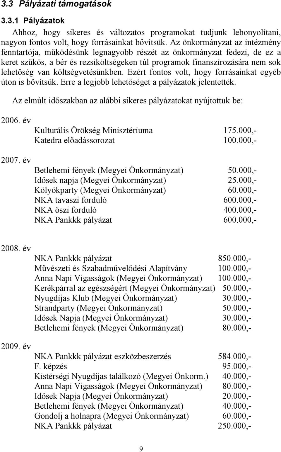 költségvetésünkben. Ezért fontos volt, hogy forrásainkat egyéb úton is bővítsük. Erre a legjobb lehetőséget a pályázatok jelentették.