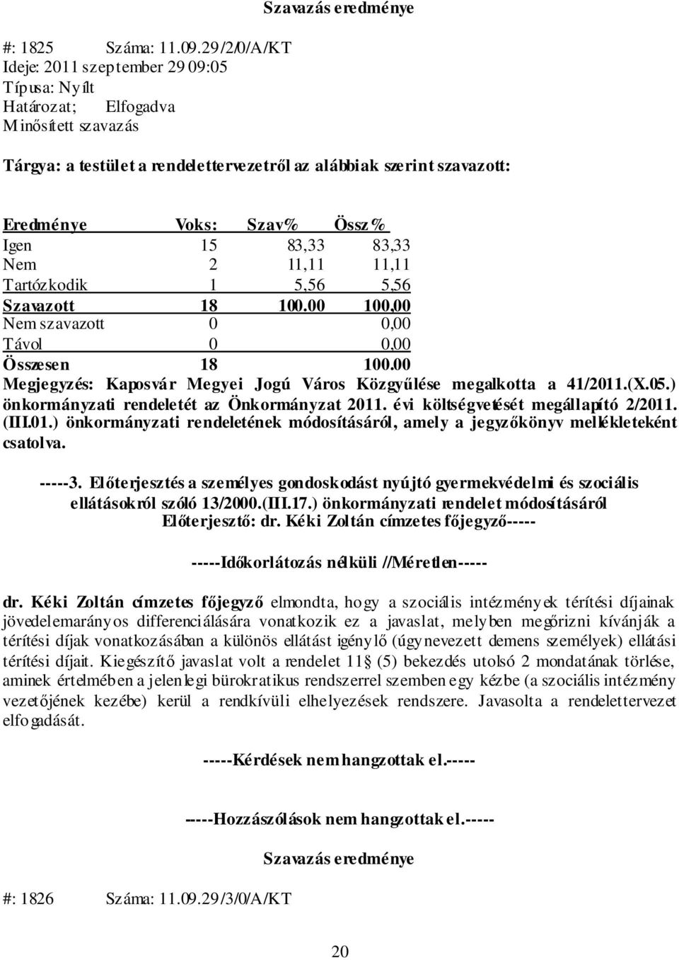 Nem 2 11,11 11,11 Tartózkodik 1 5,56 5,56 Szavazott 18 100.00 100,00 Nem szavazott 0 0,00 Távol 0 0,00 Összesen 18 100.00 Megjegyzés: Kaposvár Megyei Jogú Város Közgyűlése megalkotta a 41/2011.(X.05.