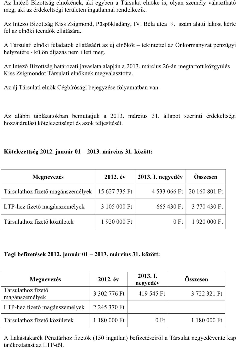 A Társulati elnöki feladatok ellátásáért az új elnököt tekintettel az Önkormányzat pénzügyi helyzetére - külön díjazás nem illeti meg. Az Intéző Bizottság határozati javaslata alapján a 2013.